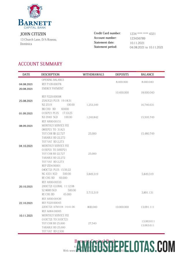 Dominica Barnett Capital extrato bancário amostra